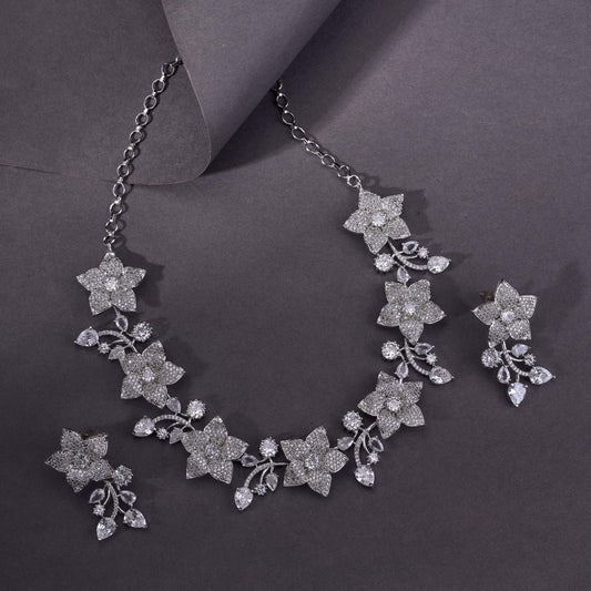 Rhodium Plated Floral Necklace Set - Opal Touch