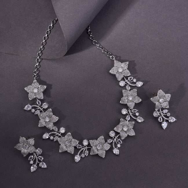 Rhodium Plated Floral Necklace Set - Opal Touch