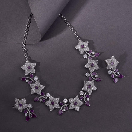 Rhodium Plated Floral Necklace Set - Opal Touch
