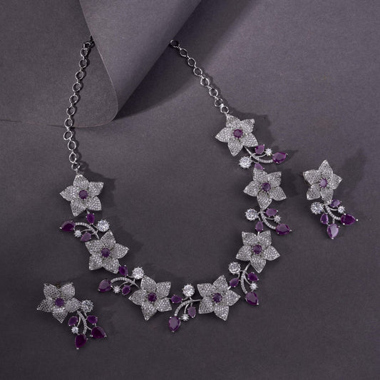 Rhodium Plated Floral Necklace Set - Opal Touch