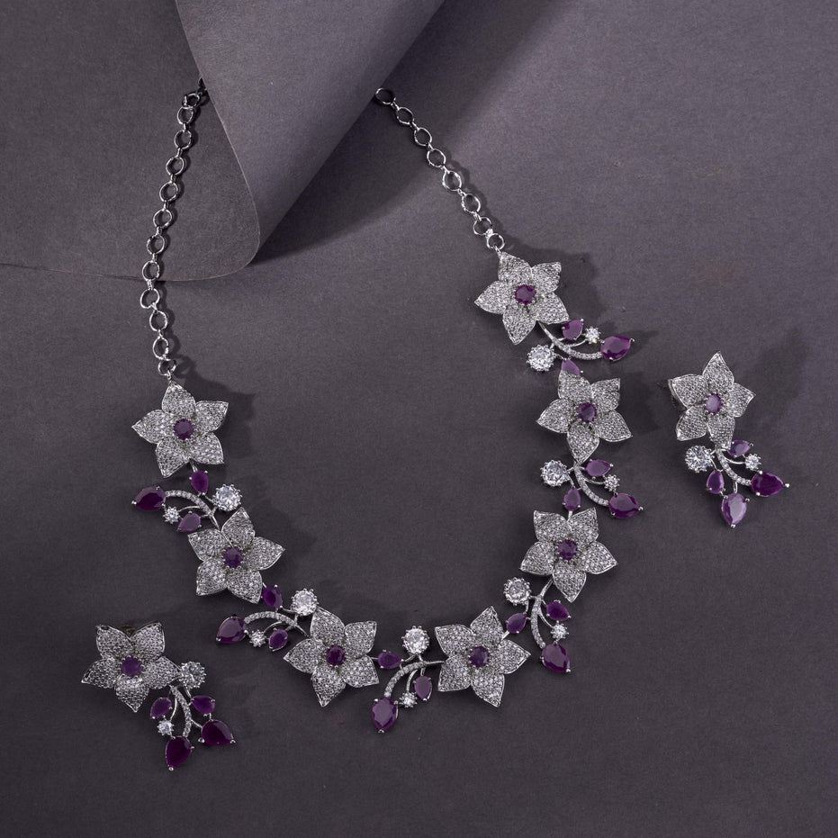 Rhodium Plated Floral Necklace Set - Opal Touch