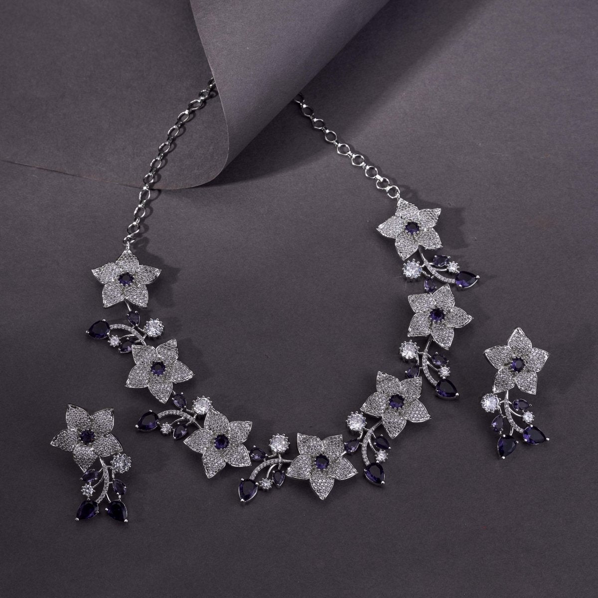 Rhodium Plated Floral Necklace Set - Opal Touch