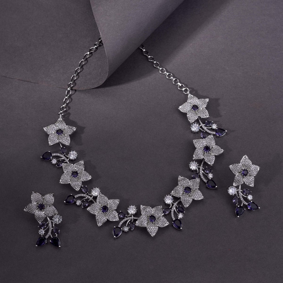 Rhodium Plated Floral Necklace Set - Opal Touch