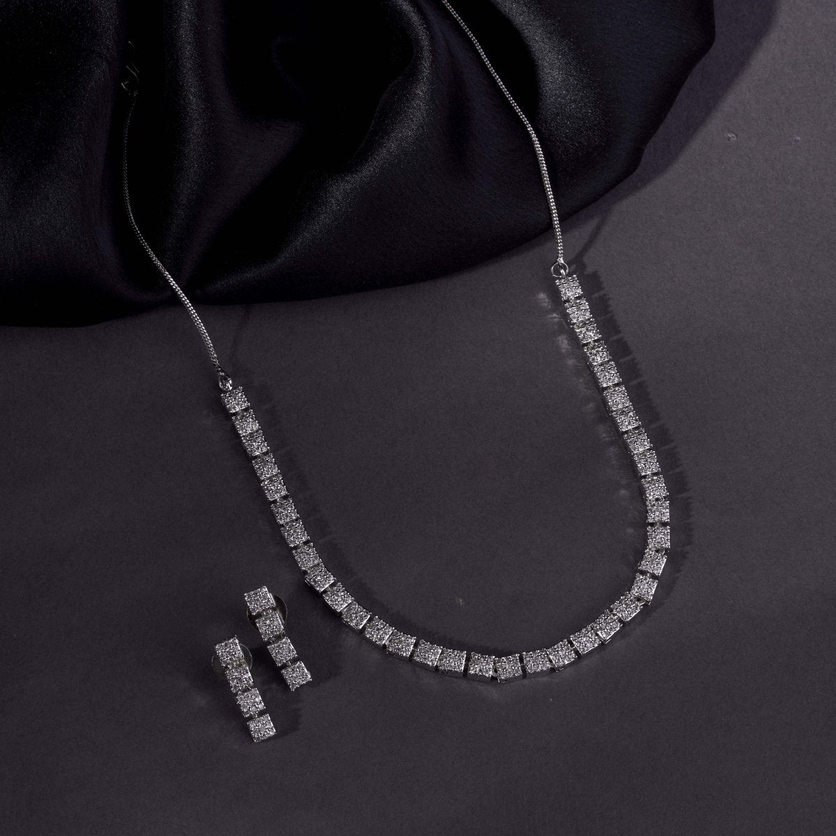 Rhodium Plated Necklace Earrings Set ‘Square Luxe’ Designer Jewelry with Stone Work - Opal Touch