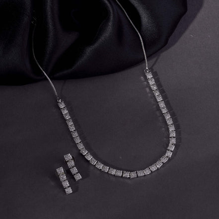 Rhodium Plated Necklace Earrings Set ‘Square Luxe’ Designer Jewelry with Stone Work - Opal Touch