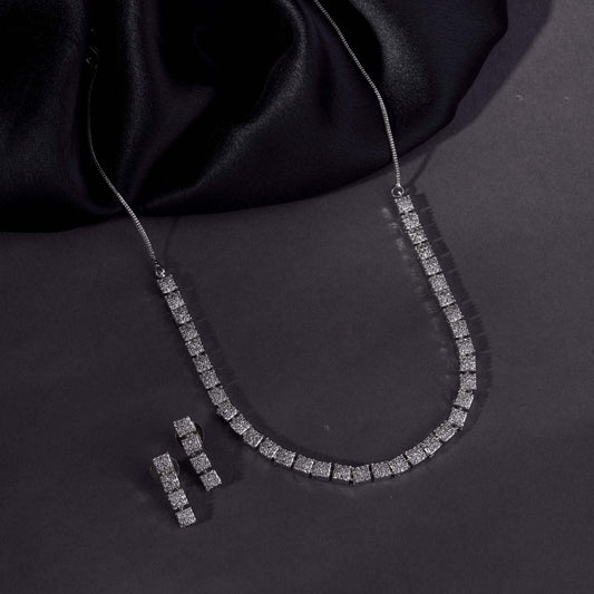 Rhodium Plated Necklace Earrings Set ‘Square Luxe’ Designer Jewelry with Stone Work - Opal Touch