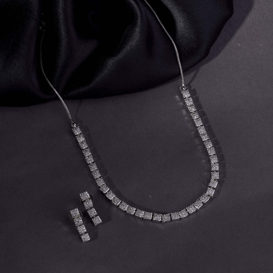 Rhodium Plated Necklace Earrings Set ‘Square Luxe’ Designer Jewelry with Stone Work - Opal Touch