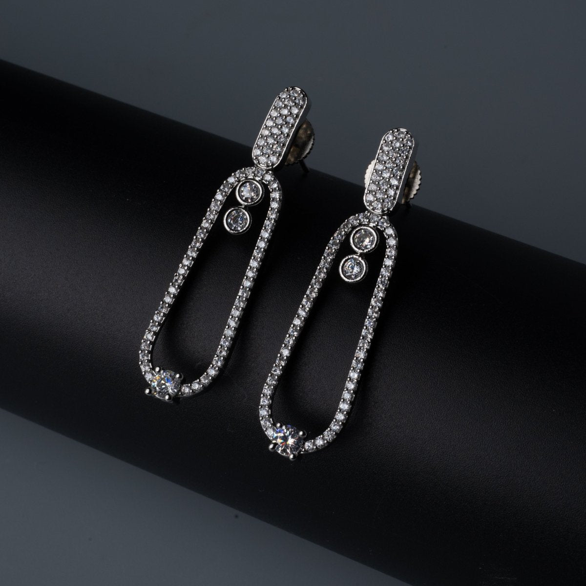 Rhodium Plated Pave American Diamond Oval Drop Earrings - Opal Touch