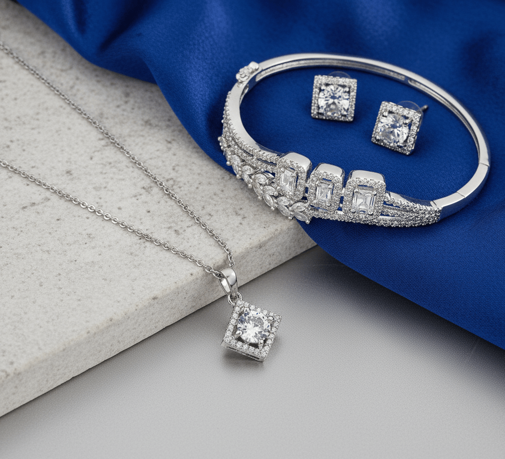 Rhodium Plated Square Stone Necklace Bracelet Earrings Set - Opal Touch