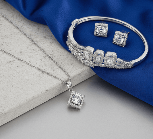 Rhodium Plated Square Stone Necklace Bracelet Earrings Set - Opal Touch