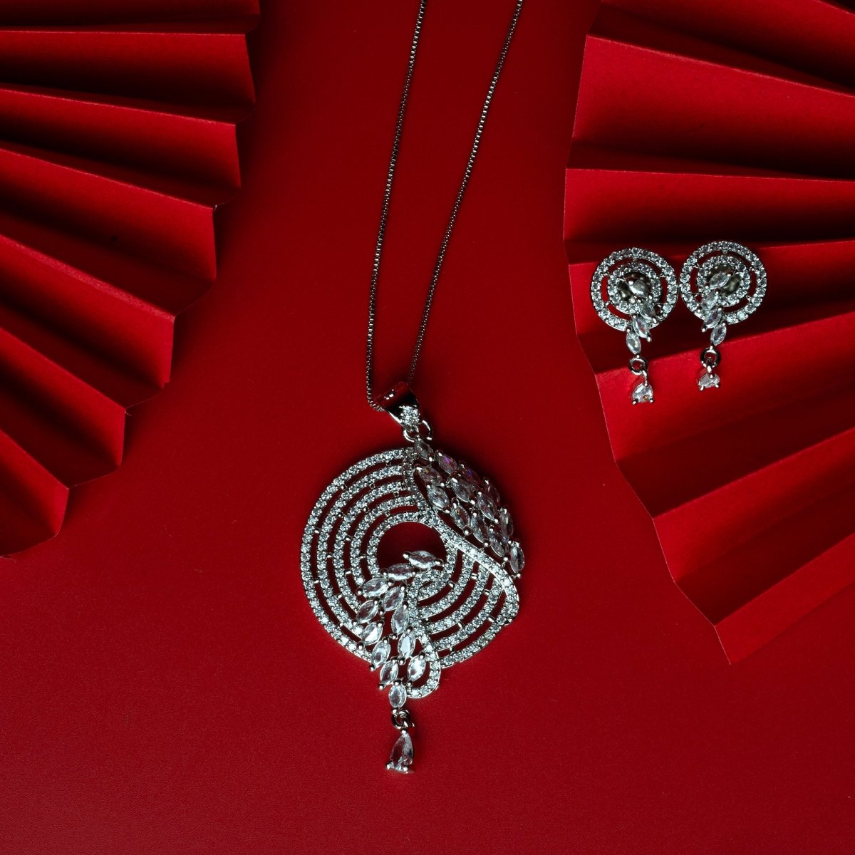 Rhodium Plated Zirconia Necklace and Earring Set - Opal Touch