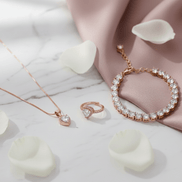 Rose Gold Heart Jewelry Set - Pendant , Ring & Bracelet with Sparkling Stones - Opal Touch