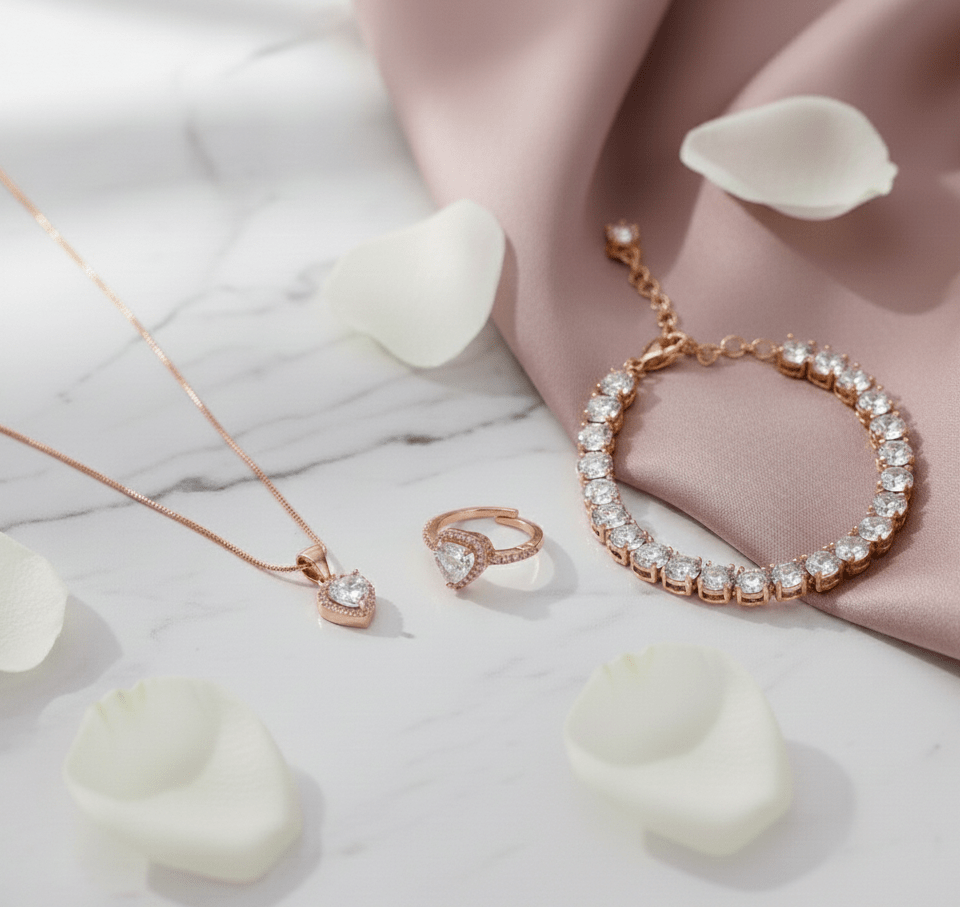 Rose Gold Heart Jewelry Set - Pendant , Ring & Bracelet with Sparkling Stones - Opal Touch