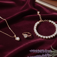 Rose Gold Heart Jewelry Set - Pendant , Ring & Bracelet with Sparkling Stones - Opal Touch
