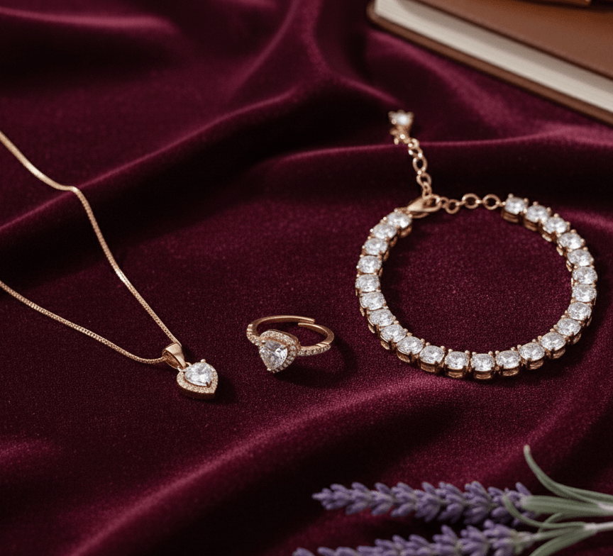 Rose Gold Heart Jewelry Set - Pendant , Ring & Bracelet with Sparkling Stones - Opal Touch