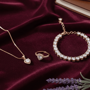 Rose Gold Heart Jewelry Set - Pendant , Ring & Bracelet with Sparkling Stones - Opal Touch