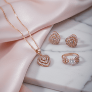 Rose Gold Heart Pendant, Necklace, Earrings and Ring Set - Opal Touch
