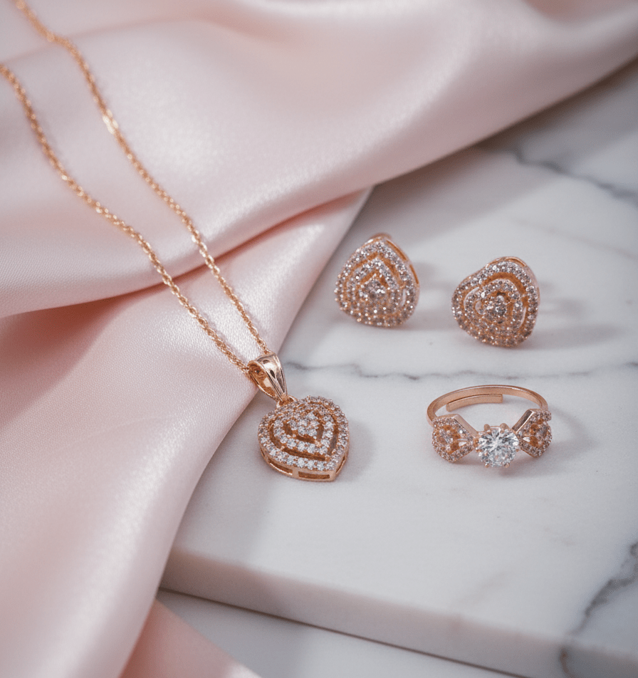 Rose Gold Heart Pendant, Necklace, Earrings and Ring Set - Opal Touch