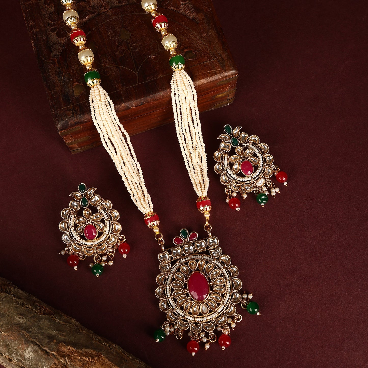 Opal Touch - Round Multicolor Polki Kundan Moti Mala - Necklace