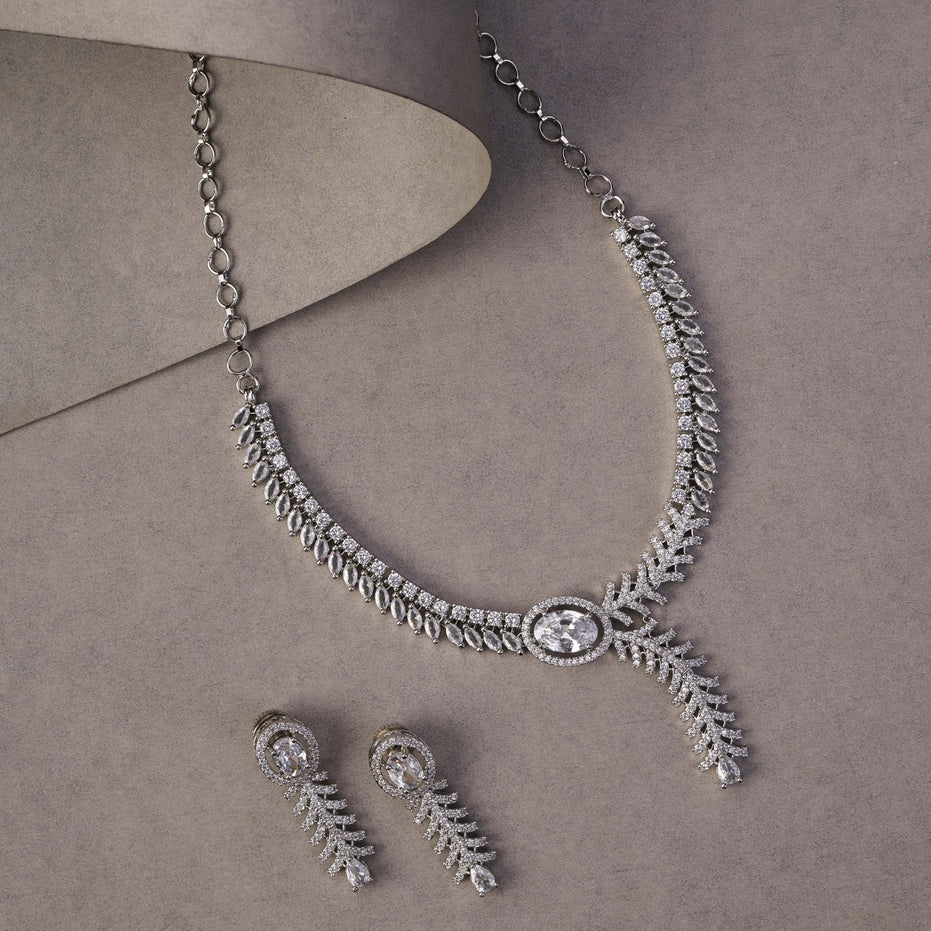 Necklace - Royal Radiance CZ Rhodium Plated Necklace Set - Opal Touch
