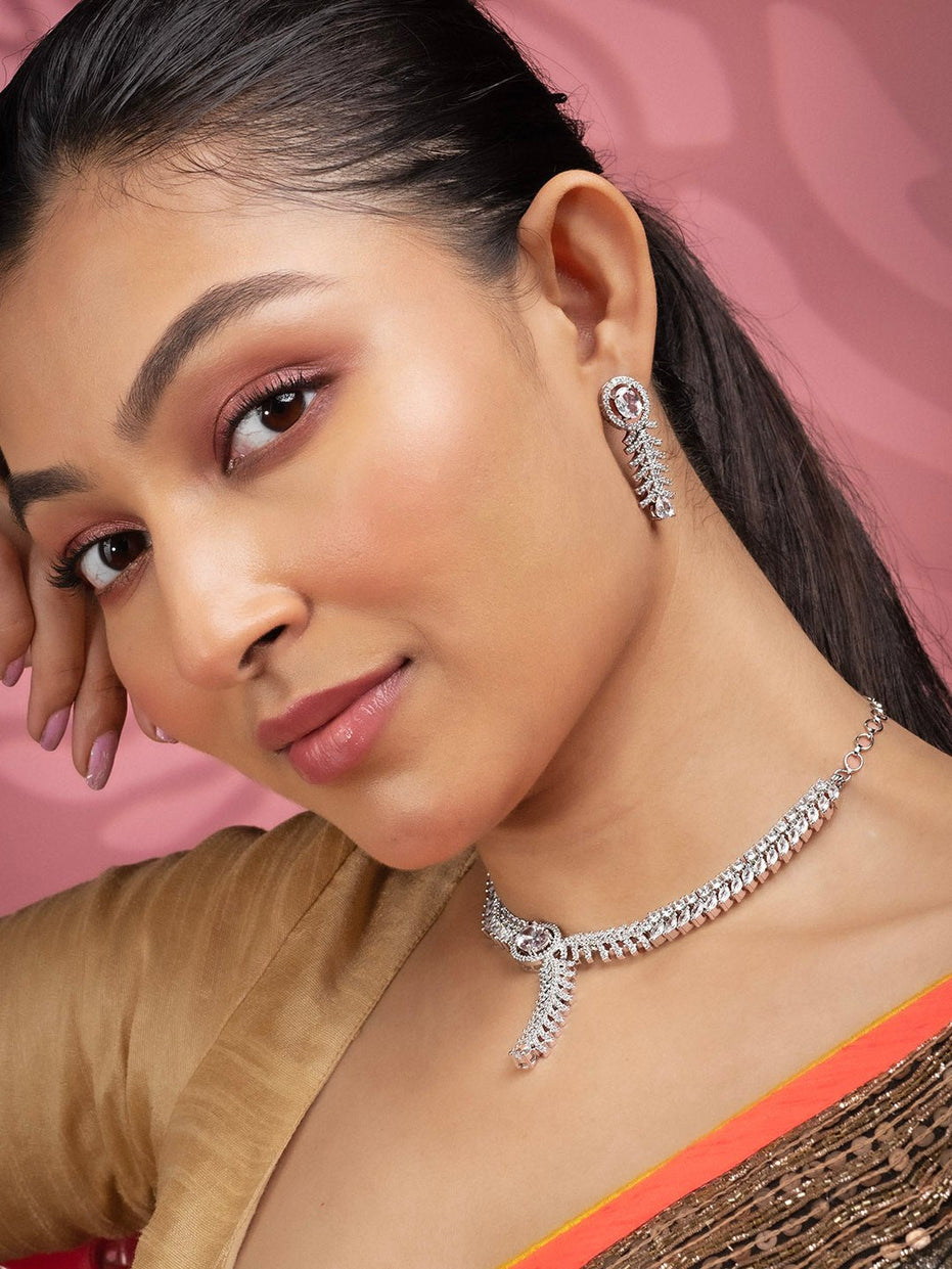 Necklace - Royal Radiance CZ Rhodium Plated Necklace Set - Opal Touch