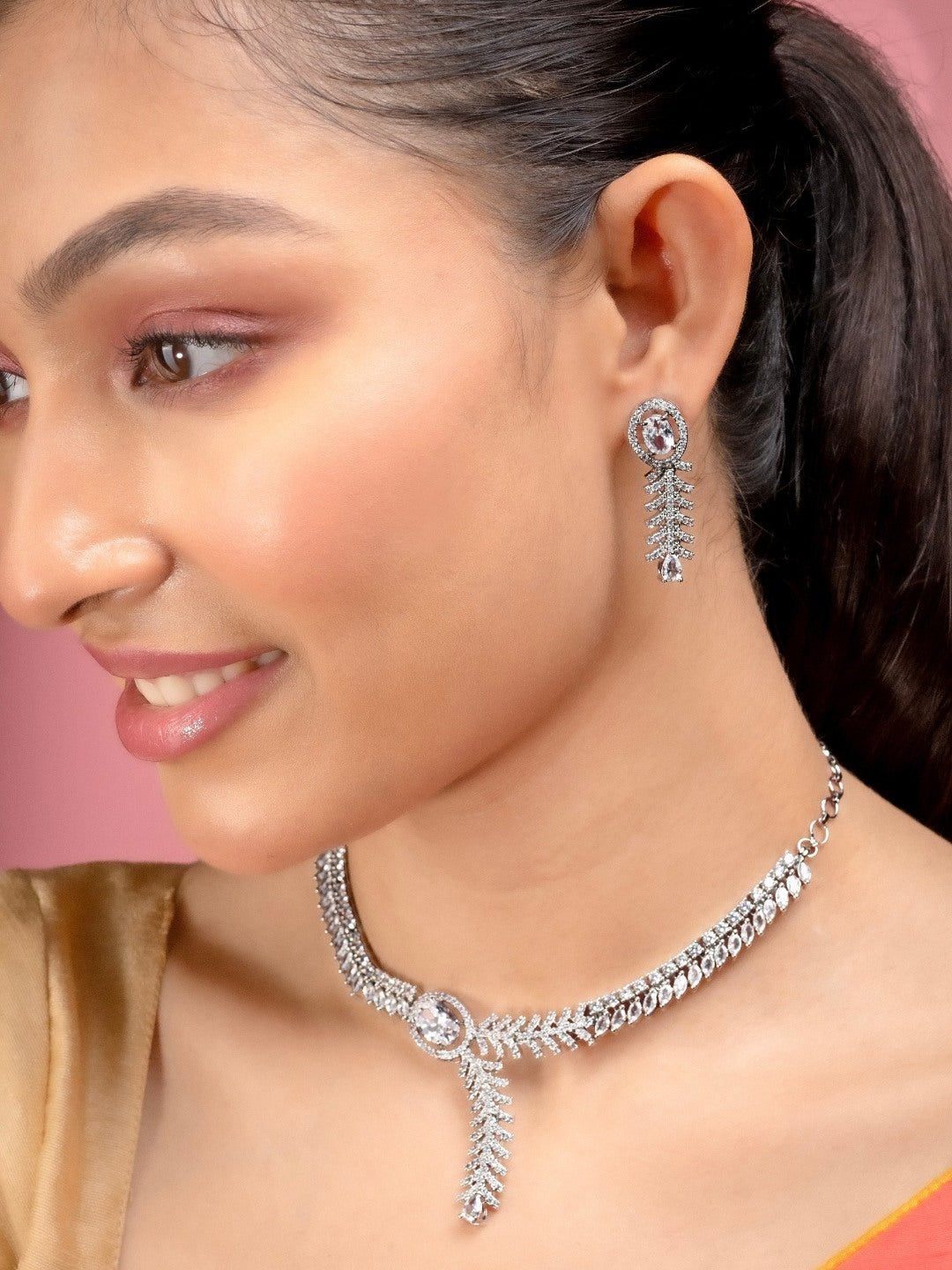 Necklace - Royal Radiance CZ Rhodium Plated Necklace Set - Opal Touch