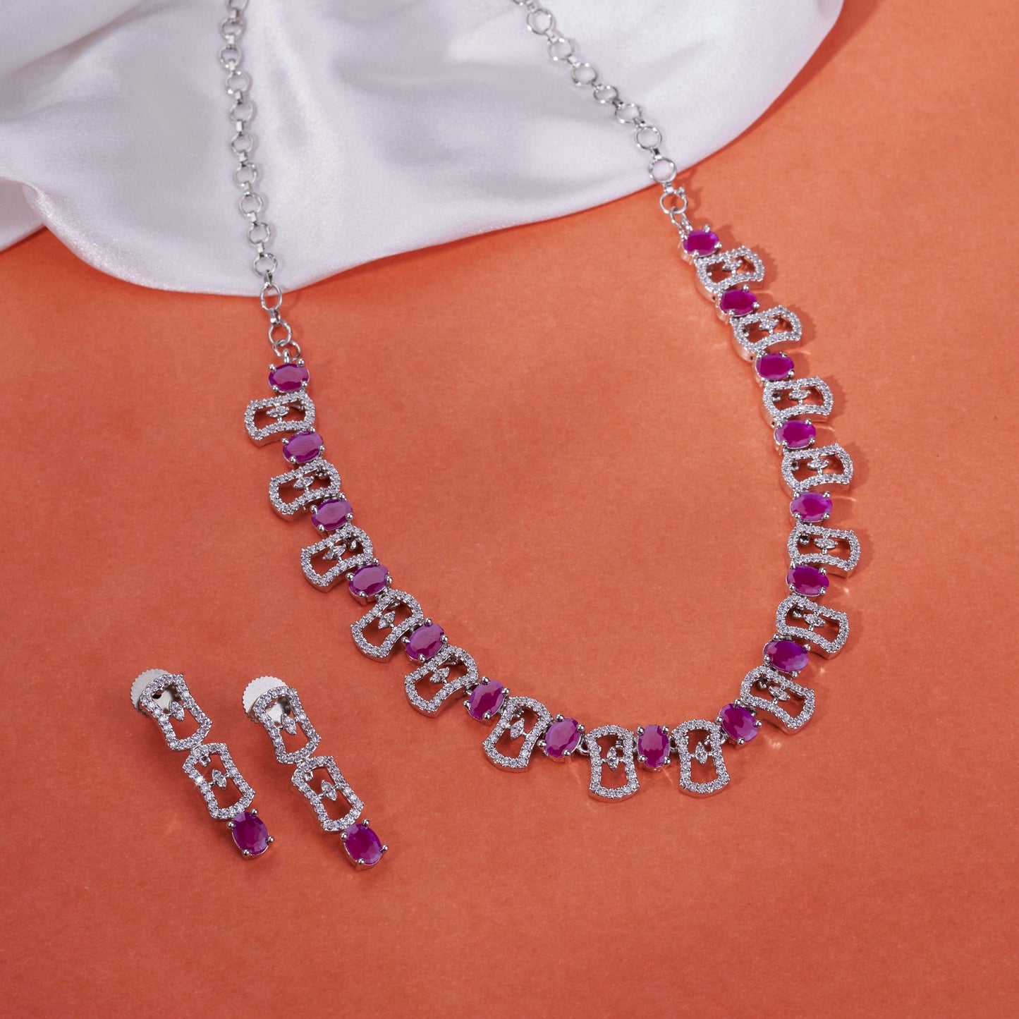 Necklace - Royale Bloom Rhodium Plated Necklace Set - Opal Touch