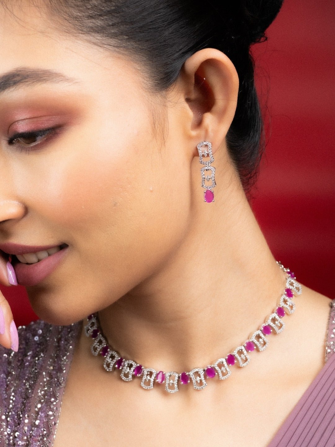 Necklace - Royale Bloom Rhodium Plated Necklace Set - Opal Touch