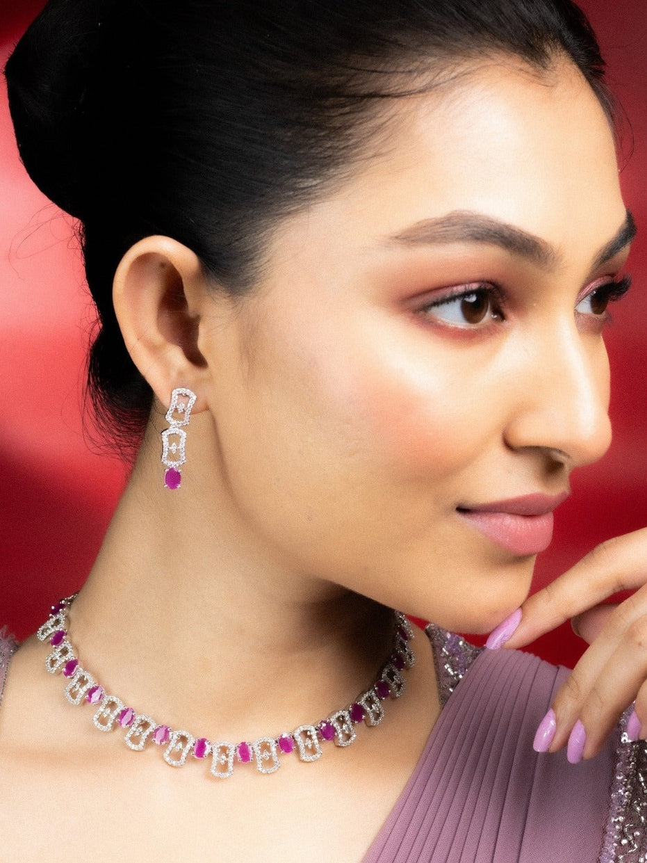 Necklace - Royale Bloom Rhodium Plated Necklace Set - Opal Touch