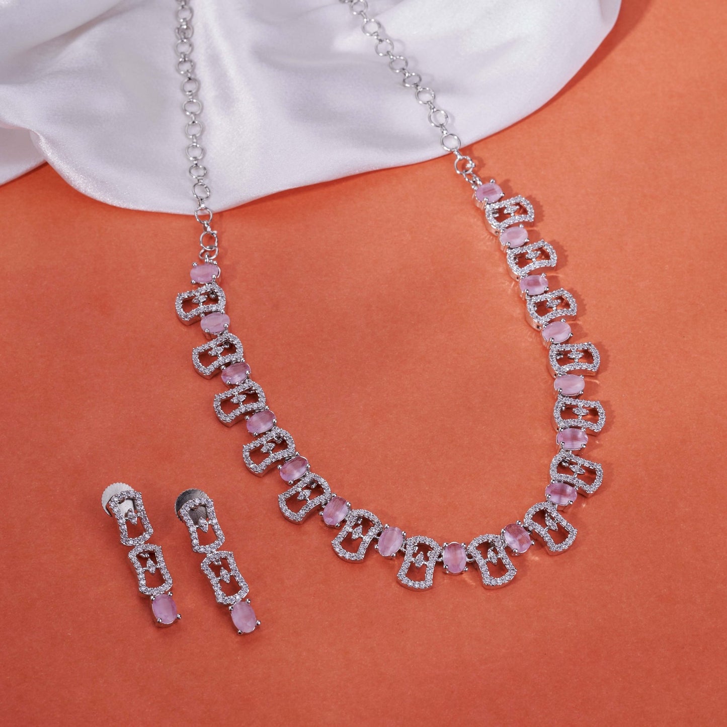 Necklace - Royale Bloom Rhodium Plated Necklace Set - Opal Touch