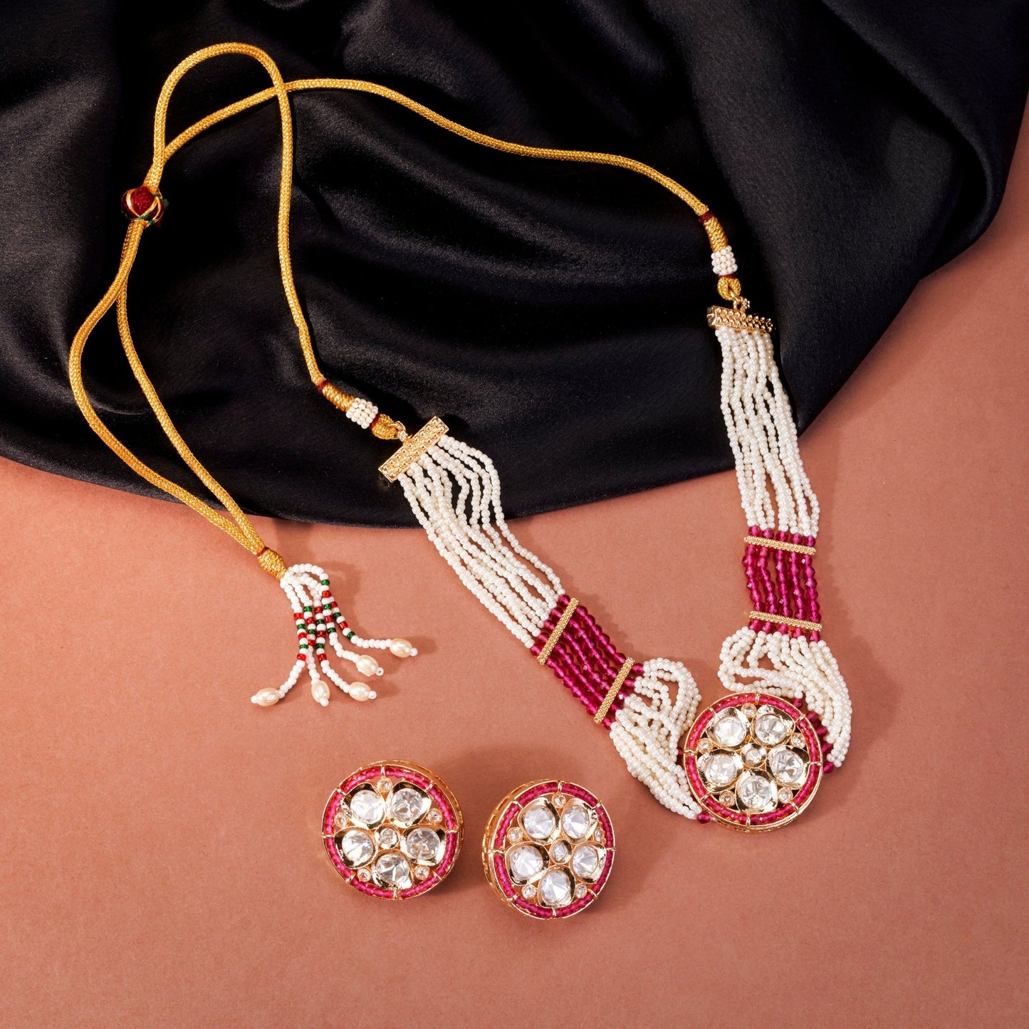 Necklace - Ruby and Polki Choker Necklace Set with Earrings - Opal Touch