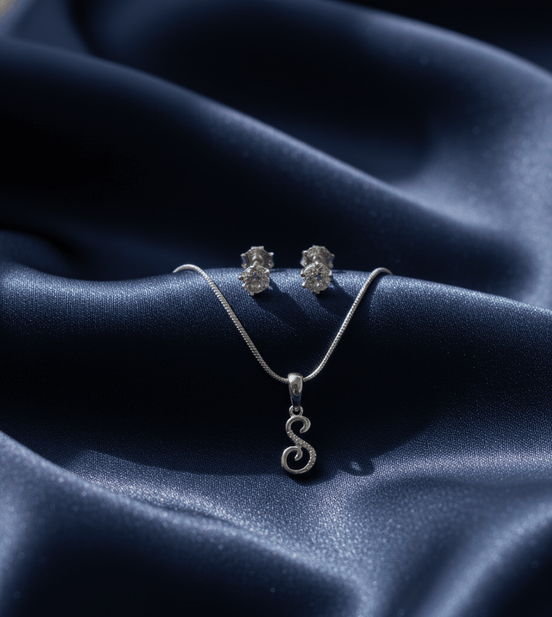 S' Initial Necklace and Cubic Zirconia Stud Earrings Set (Pack of 2) - Opal Touch