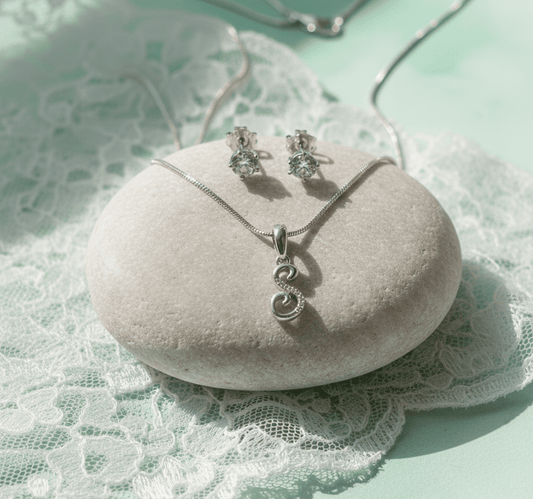 S' Initial Necklace and Cubic Zirconia Stud Earrings Set (Pack of 2) - Opal Touch