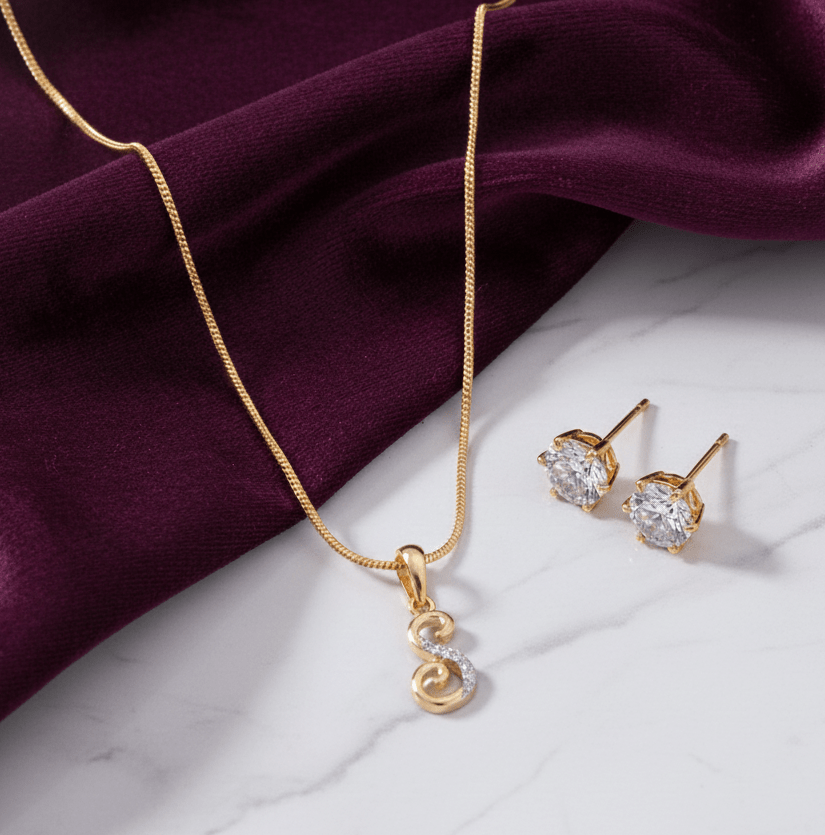 S Initial Pendant Necklace with Earrings - Opal Touch