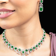Necklace - Sapphire Dazzling Rhodium Plated Necklace Set - Opal Touch