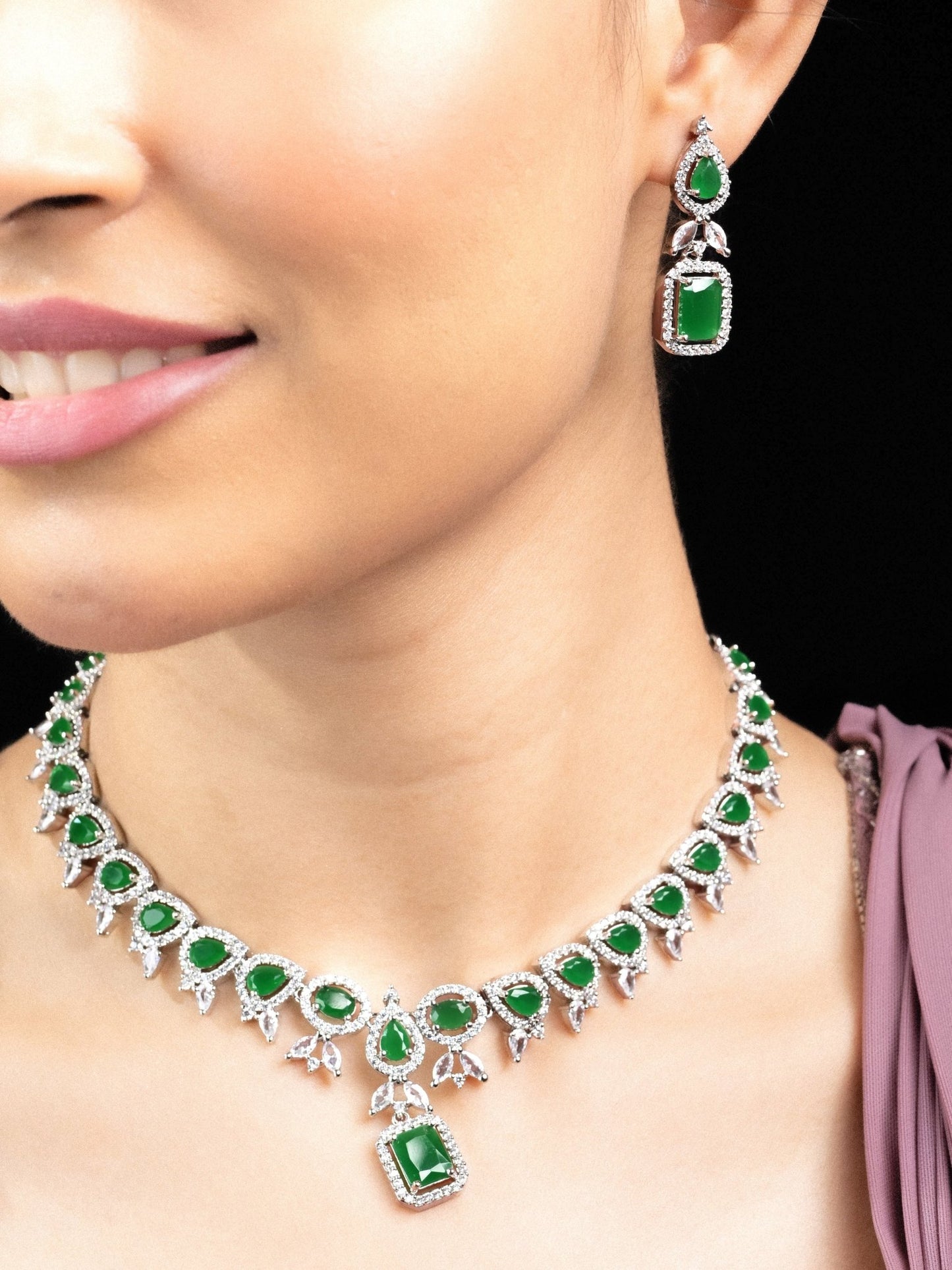 Necklace - Sapphire Dazzling Rhodium Plated Necklace Set - Opal Touch