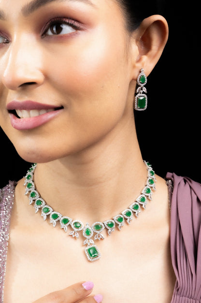 Necklace - Sapphire Dazzling Rhodium Plated Necklace Set - Opal Touch