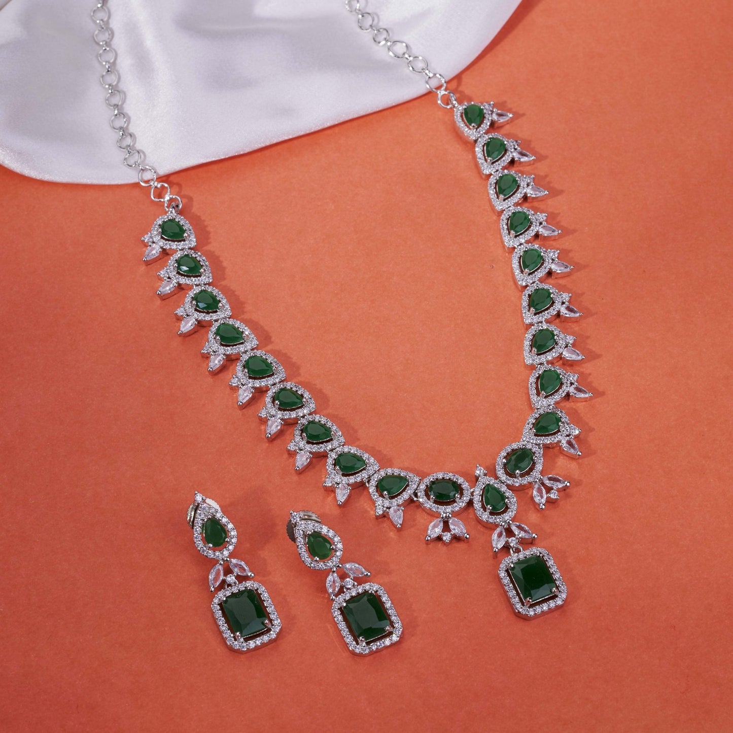 Necklace - Sapphire Dazzling Rhodium Plated Necklace Set - Opal Touch