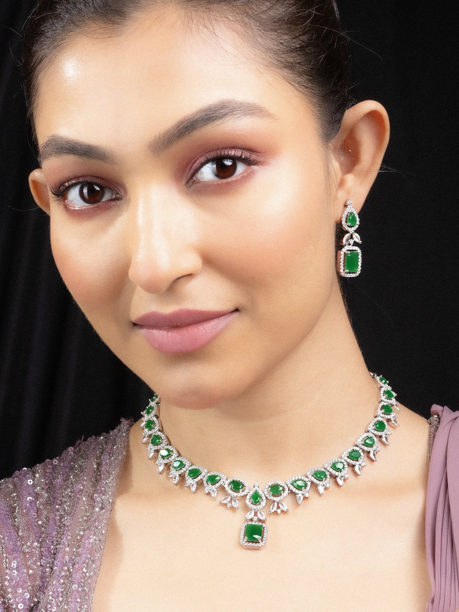 Necklace - Sapphire Dazzling Rhodium Plated Necklace Set - Opal Touch