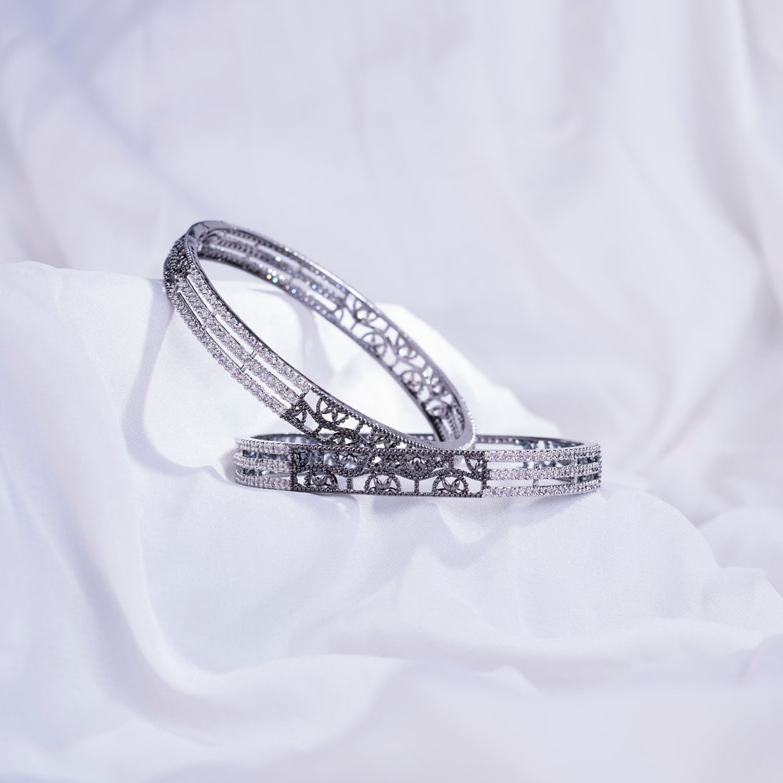 Opal Touch - Slim 3 Layered Rhodium-Black Bangles Set (Pack of 2) - Bangles