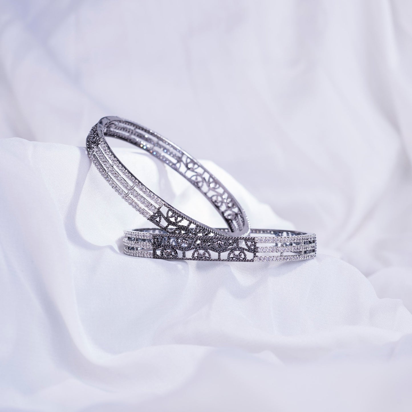 Opal Touch - Slim 3 Layered Rhodium-Black Bangles Set (Pack of 2) - Bangles