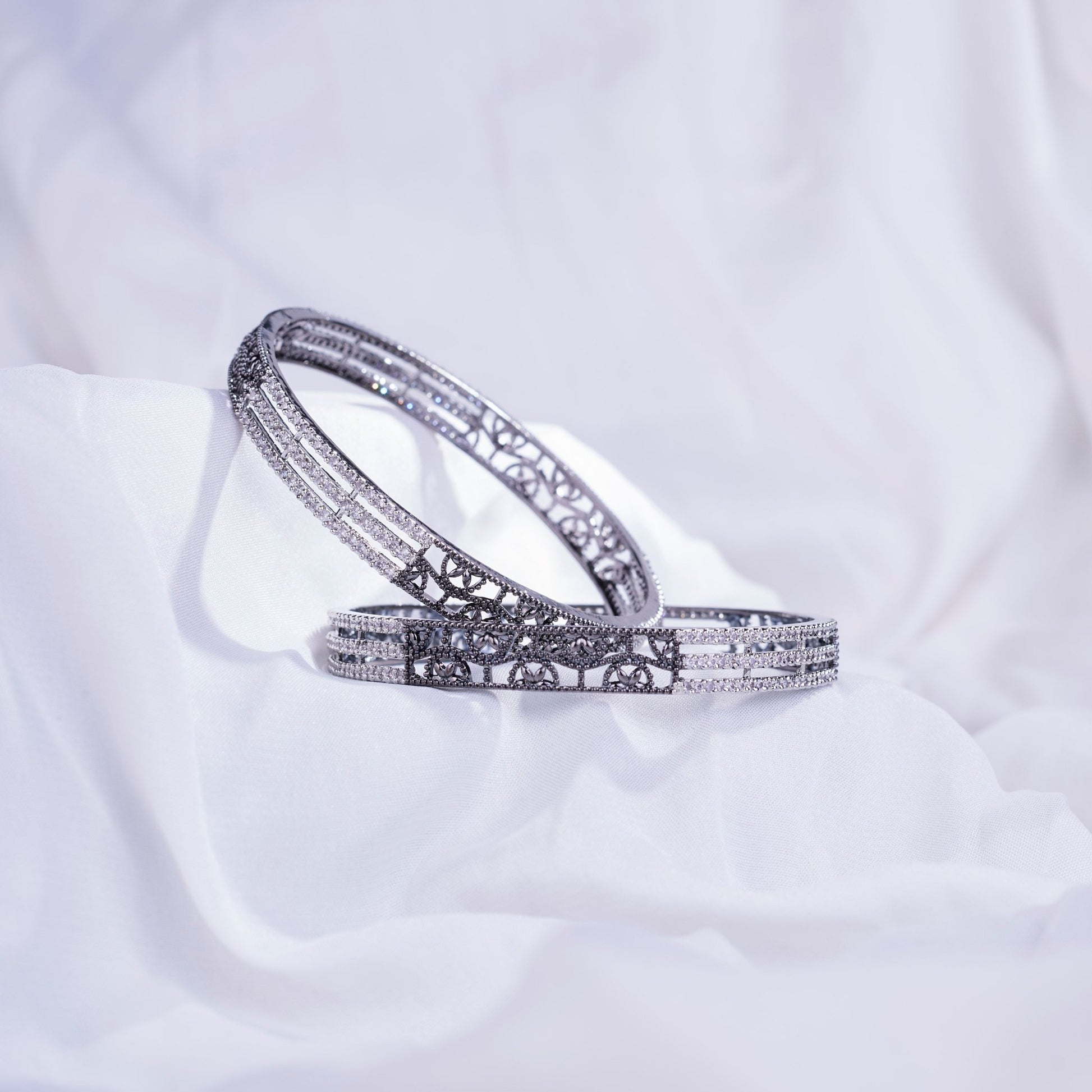 Opal Touch - Slim 3 Layered Rhodium-Black Bangles Set (Pack of 2) - Bangles