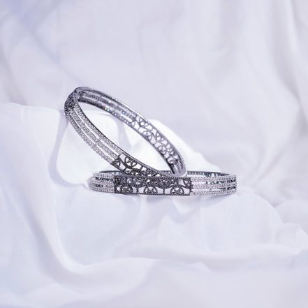 Opal Touch - Slim 3 Layered Rhodium-Black Bangles Set (Pack of 2) - Bangles