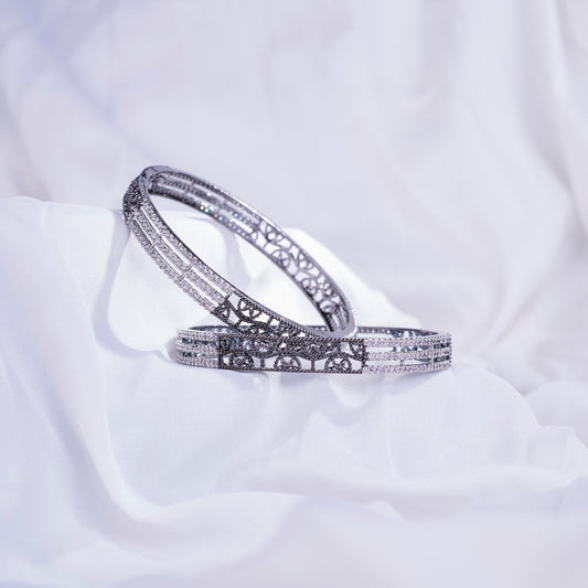 Opal Touch - Slim 3 Layered Rhodium-Black Bangles Set (Pack of 2) - Bangles