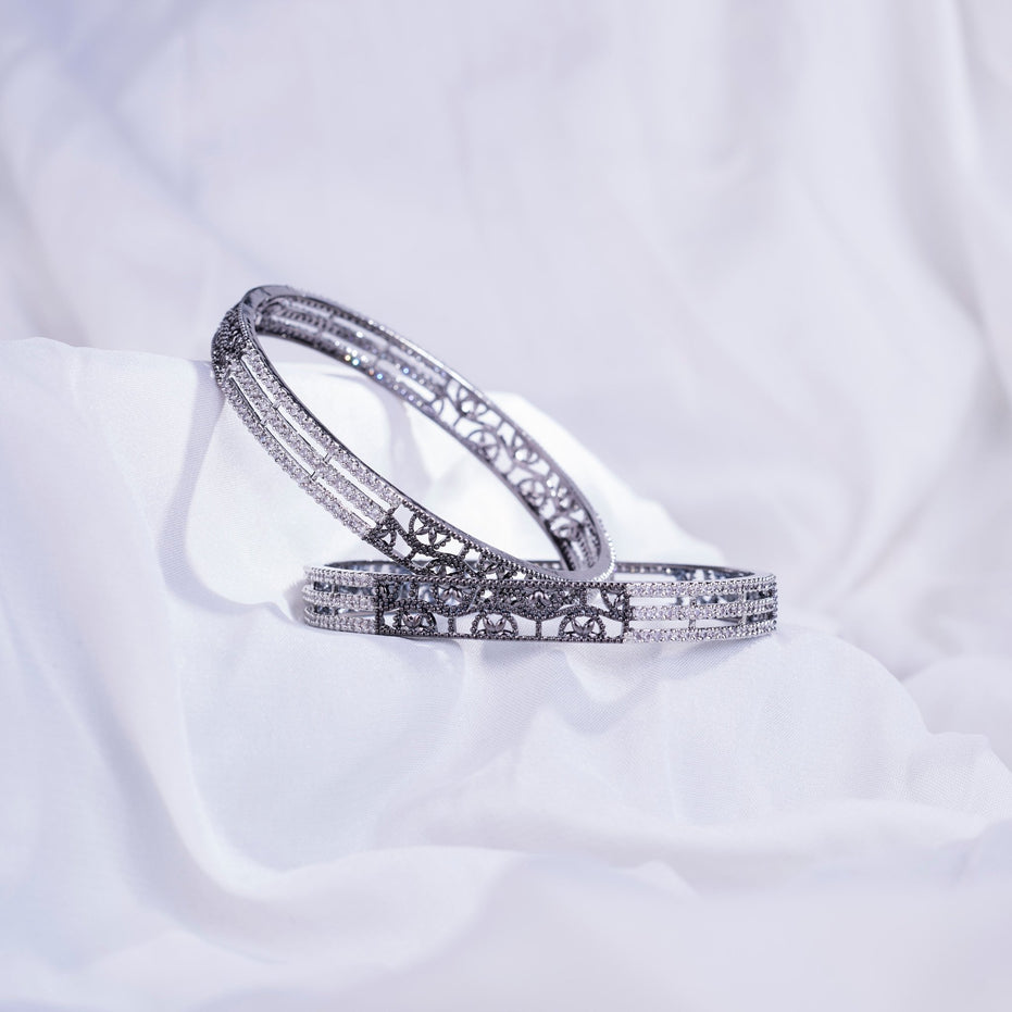 Opal Touch - Slim 3 Layered Rhodium-Black Bangles Set (Pack of 2) - Bangles