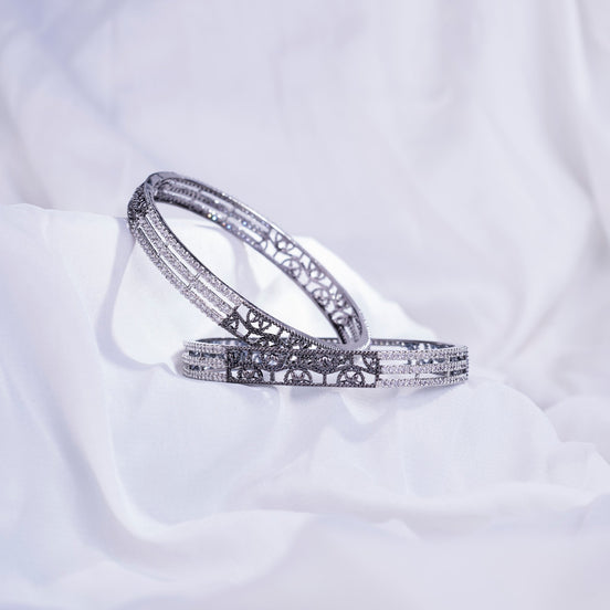 Opal Touch - Slim 3 Layered Rhodium-Black Bangles Set (Pack of 2) - Bangles