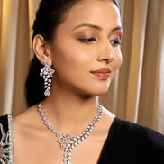 Sparkling American Diamond Rhodium Plated Necklace & Earring Set - Opal Touch