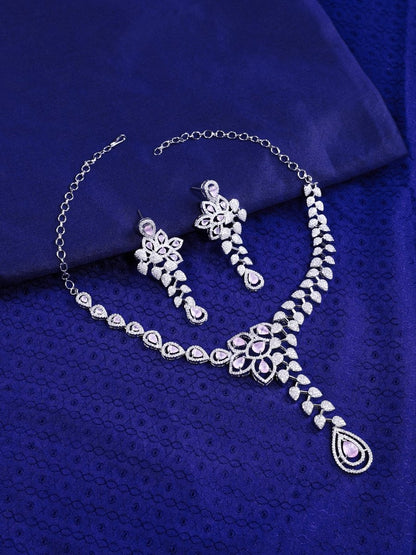 Sparkling American Diamond Rhodium Plated Necklace & Earring Set - Opal Touch