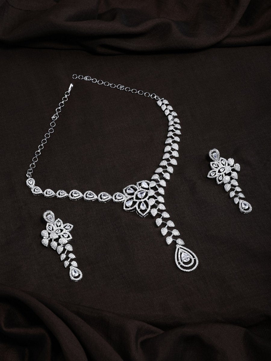 Sparkling American Diamond Rhodium Plated Necklace & Earring Set - Opal Touch