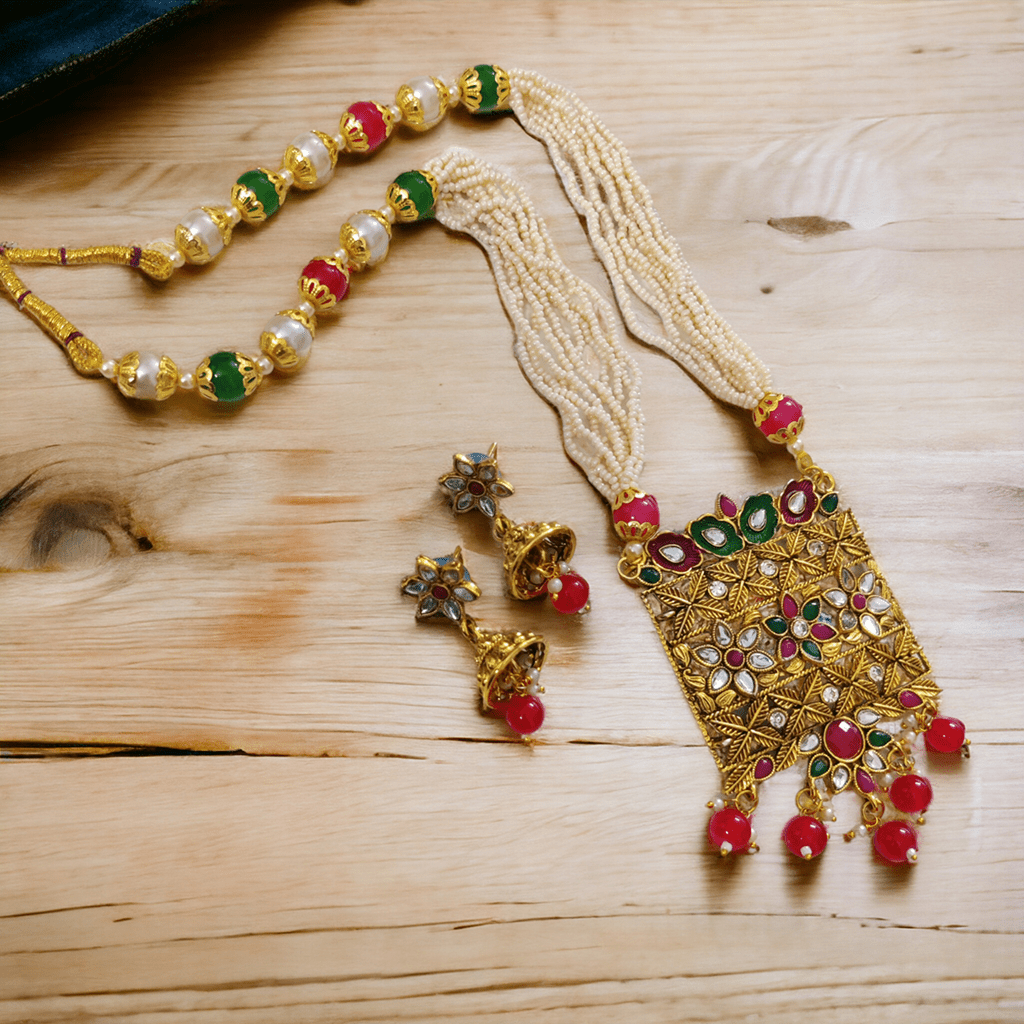 Opal Touch - Square Multicolor Polki Kundan Moti Mala - Necklace